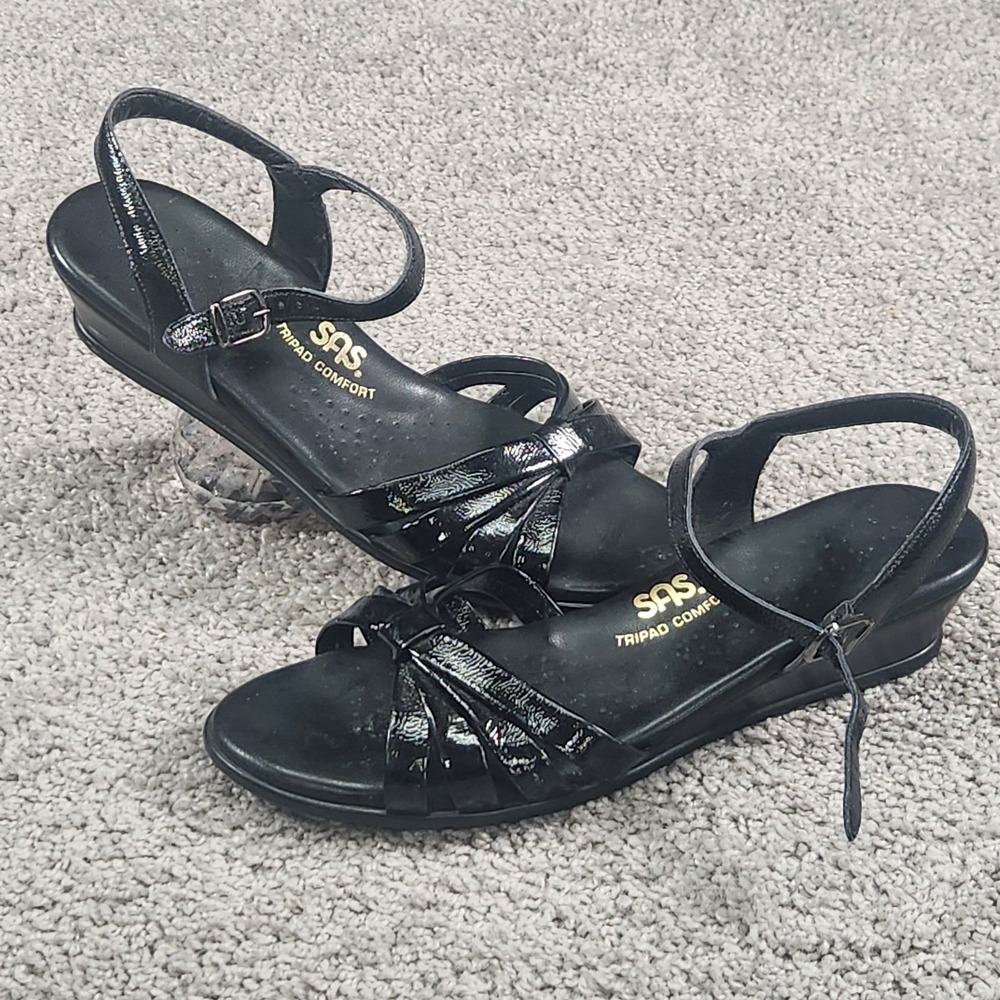 SAS Wedge Sandals Womens size 8 STRIPPY QUARTER STRAP Black Patent Leather